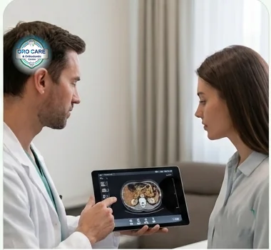 Dentist reviewing a scan on a tablet with a patient during a biopsy consultation