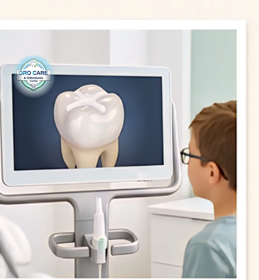 Child looking at a chairside monitor during a dental sealant procedure