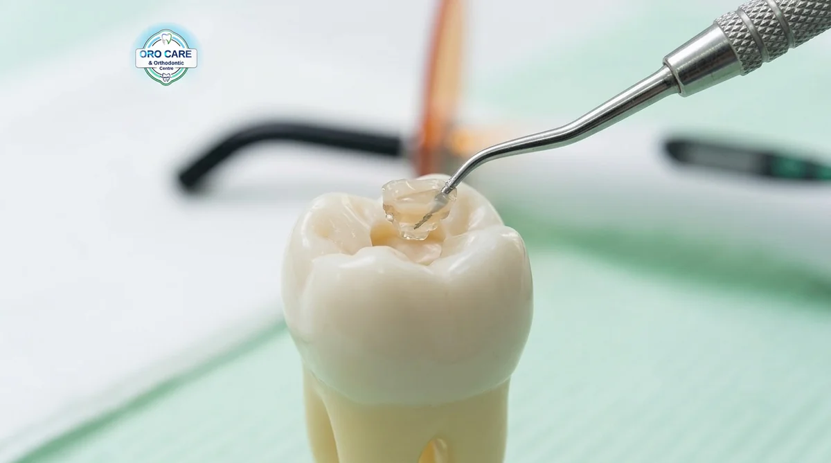 Close-up of an ultrasonic scaler being used to remove tartar from teeth